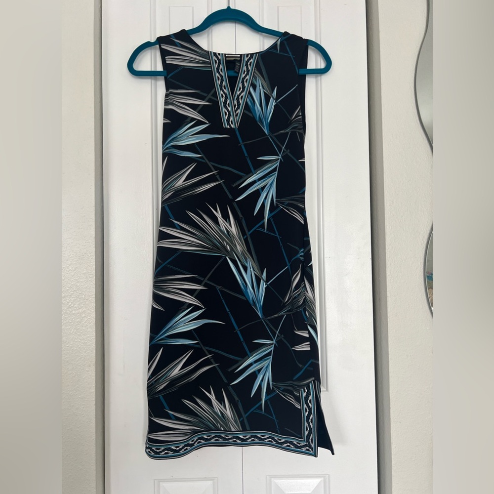 White House Black Market Abstract Palm Print Sheath Dress Embroidered Blue XSP